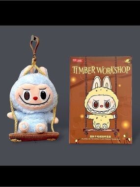 Pop Land Labubu Timber Workshop Series Playing on the Swing Plush Pendant Blue